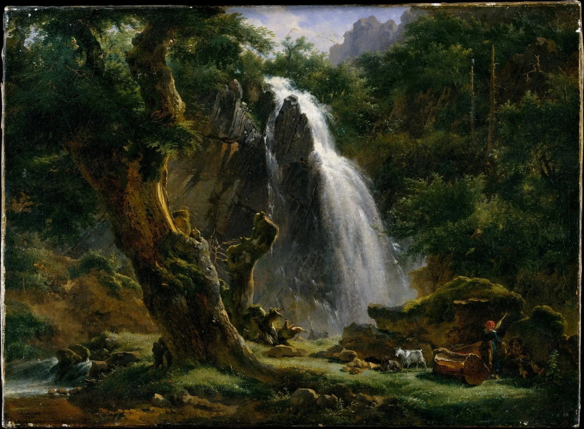 Hand painted landscape oil painting on canvas depicting a forest waterfall with textured brushwork, featuring a figure and. - Add Frame, Animal, Canvas, Figure, Forest, Hand Painted, Landscape, Made To Order, Oil Painting, Waterfall
