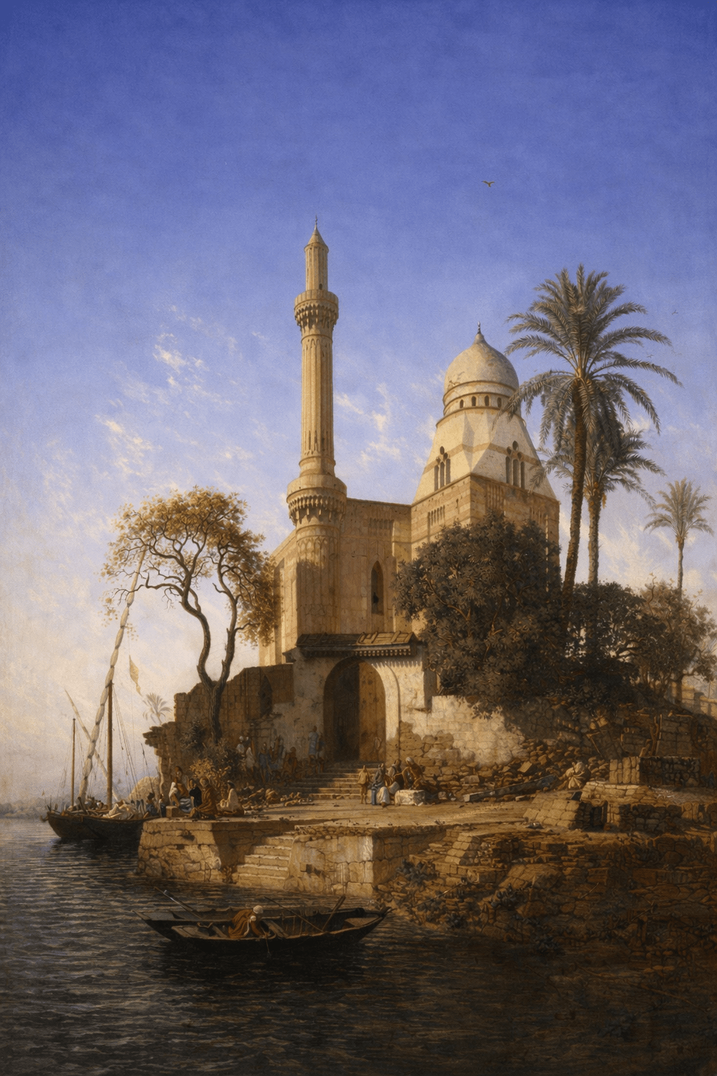 Hand-painted waterside mosque, palms and boats landscape oil painting on canvas
