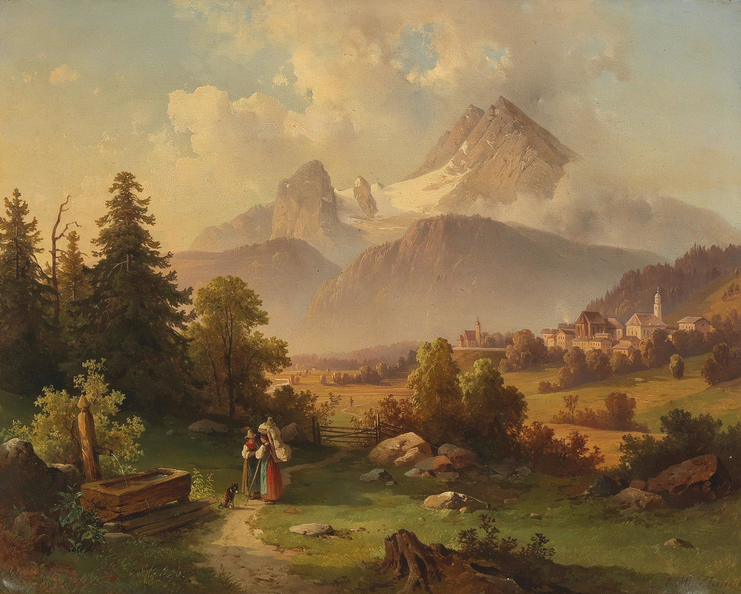 Hand-painted watzmann mountain and bavarian valley landscape oil painting on canvas
