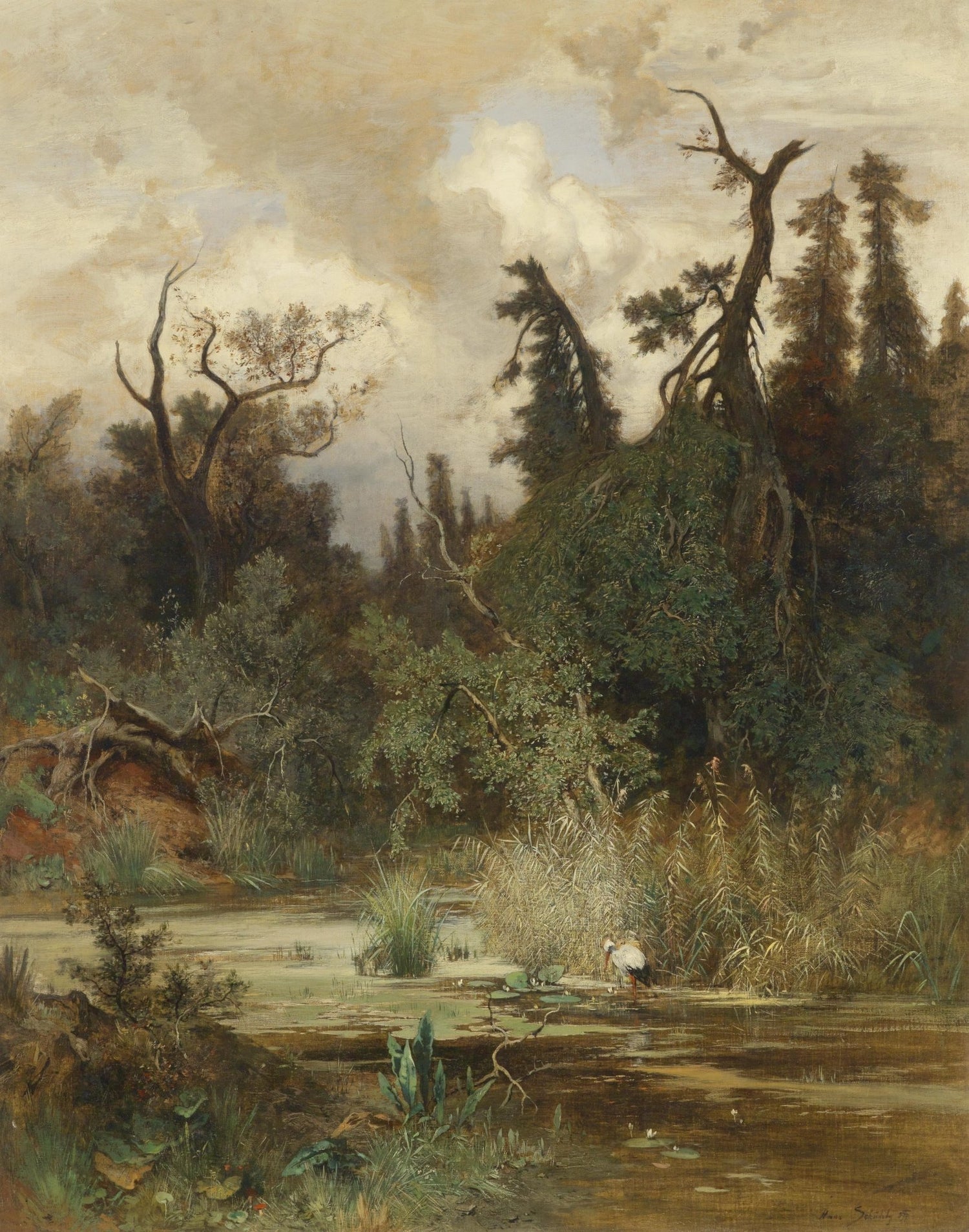Landscape Oil Painting - Wetland Pond & Stork Forest, Overgrown - Oil Painting Haven
