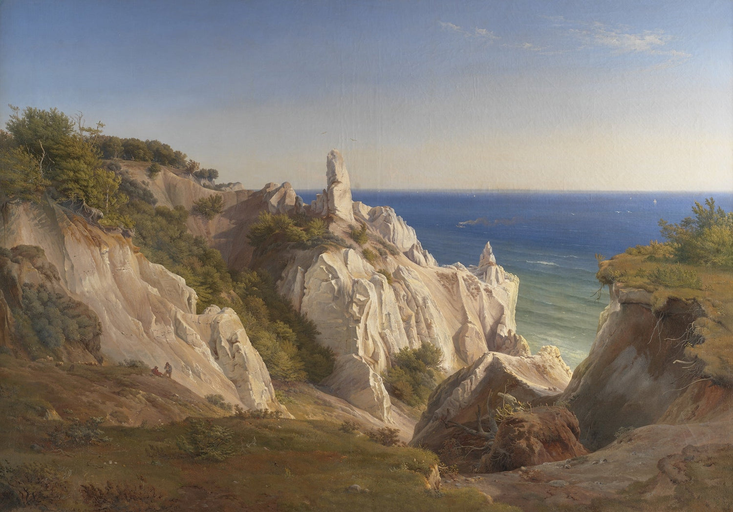 Hand-painted white coastal cliffs and blue sea view landscape oil painting on canvas