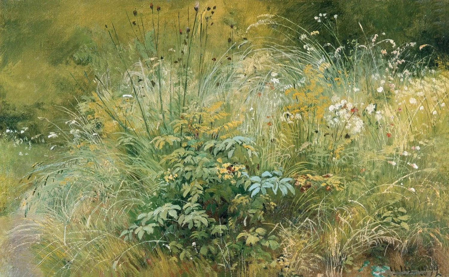 Landscape oil painting featuring a wildflower and grass cluster with textured brushwork in muted green and yellow tones on. - Add Frame, Canvas, Hand Painted, Landscape, Made To Order, Oil Painting