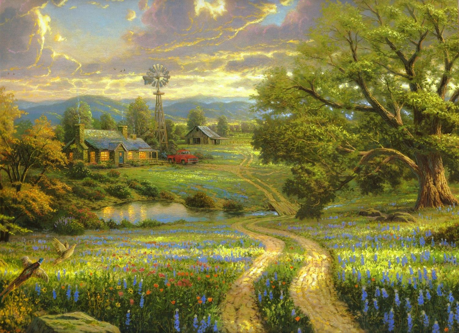 Landscape Oil Painting - Wildflower Field Farm Cottage & Vintage Truck - Oil Painting Haven