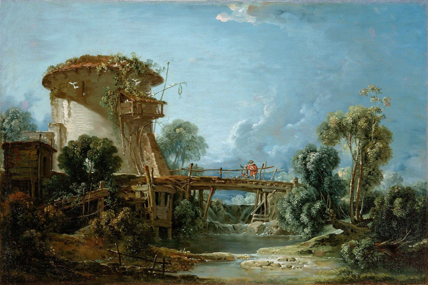 Landscape oil painting of a rustic windmill by a river with a wooden bridge, textured brushwork on canvas. - Add Frame, Architecture, Canvas, Country, Hand Painted, Landscape, Made To Order, Oil Painting, River