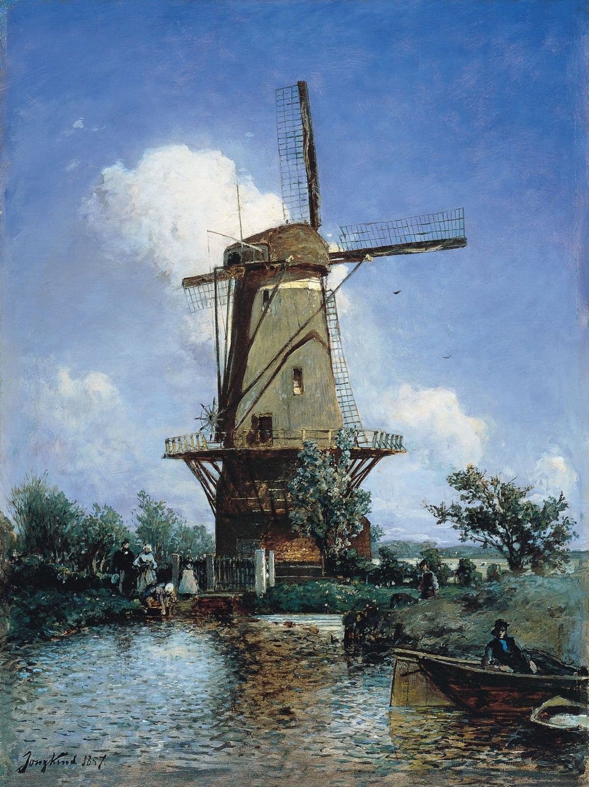 Landscape oil painting of a windmill by a river with two figures in a boat, hand painted oil on canvas with textured. - Add Frame, Boat, Canvas, Figure, Hand Painted, Landscape, Made To Order, Oil Painting, River