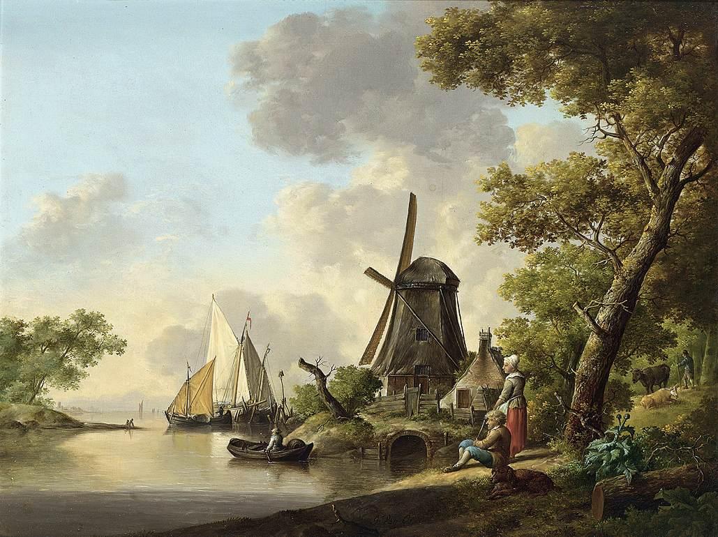 Hand-painted windmill canal with sailing boats landscape oil painting on canvas