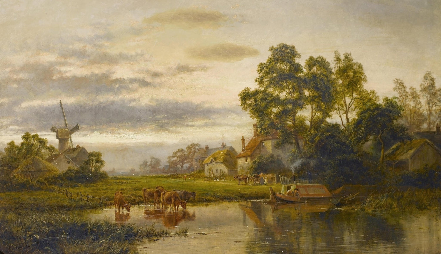 Hand-painted windmill farm and cows by the water landscape oil painting on canvas