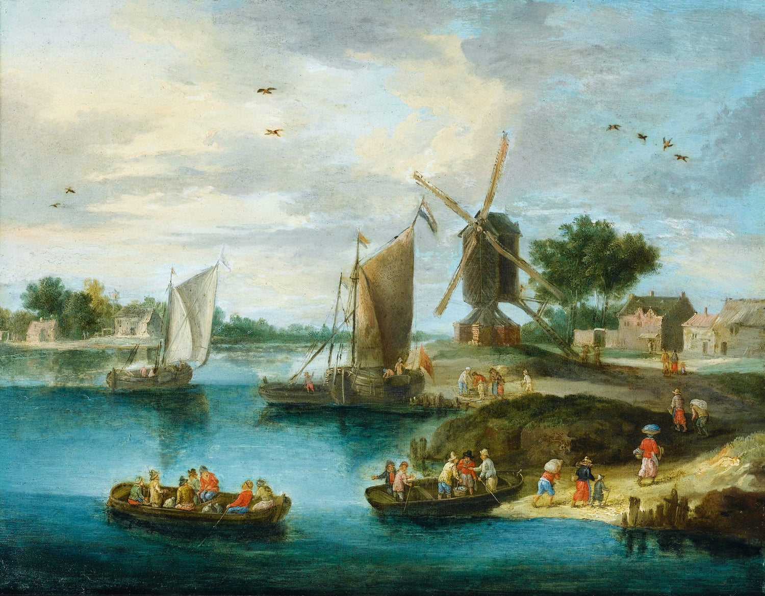 Hand-painted windmill harbor with sailboats landscape oil painting on canvas