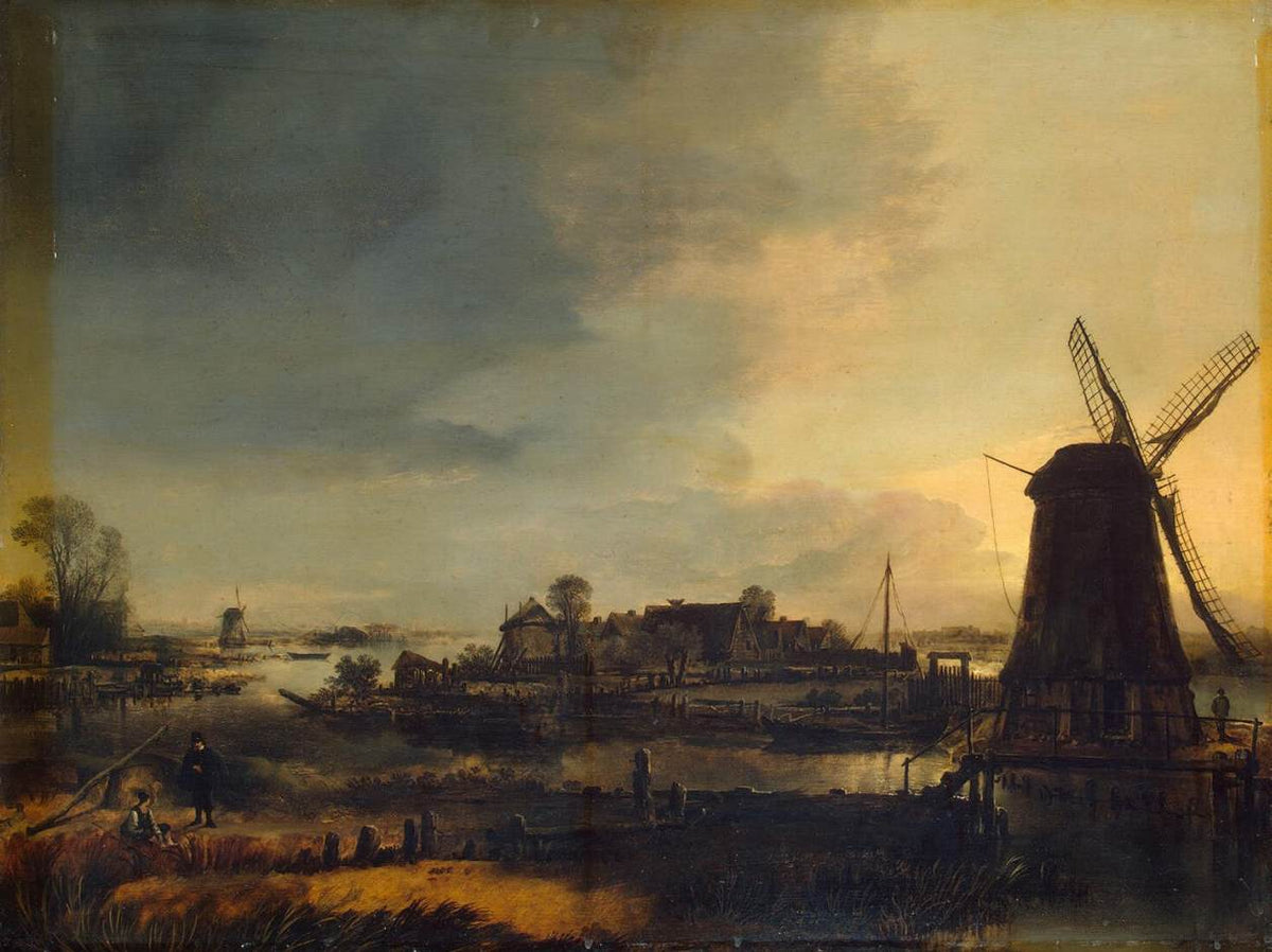 Hand-painted windmill village at sunset landscape oil painting on canvas