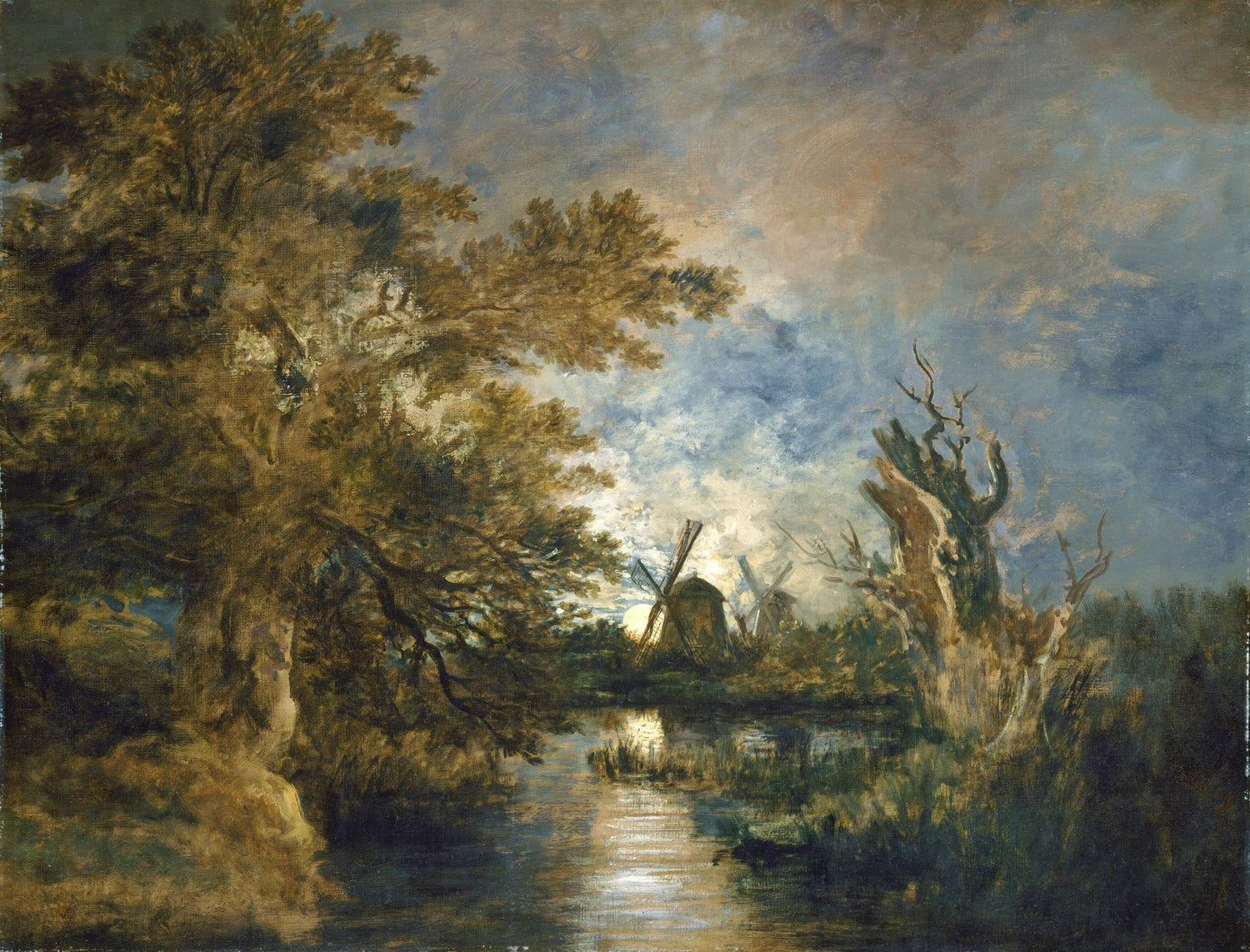 Landscape oil painting of windmills by a reflective river at sunset, textured brushwork and rich oil on canvas tones. - Add Frame, Canvas, Hand Painted, Landscape, Made To Order, Oil Painting, River, Sunset