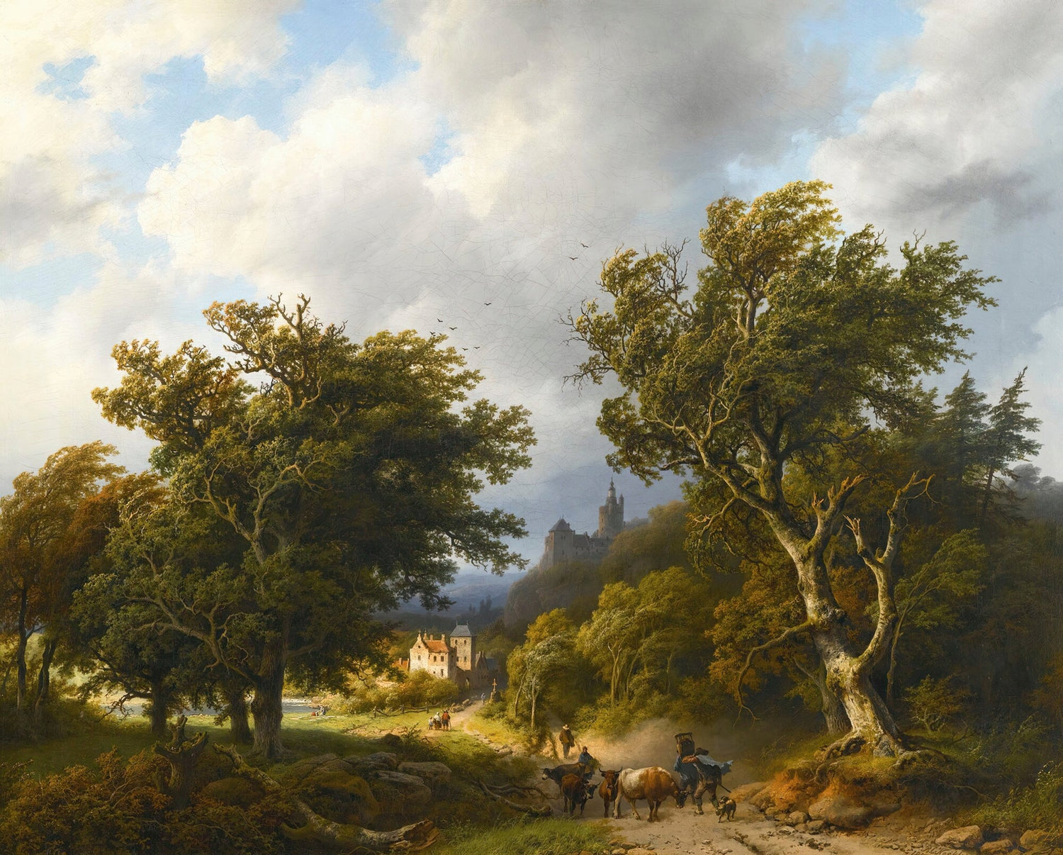 Hand-painted windy forest road with cattle and castle landscape oil painting on canvas