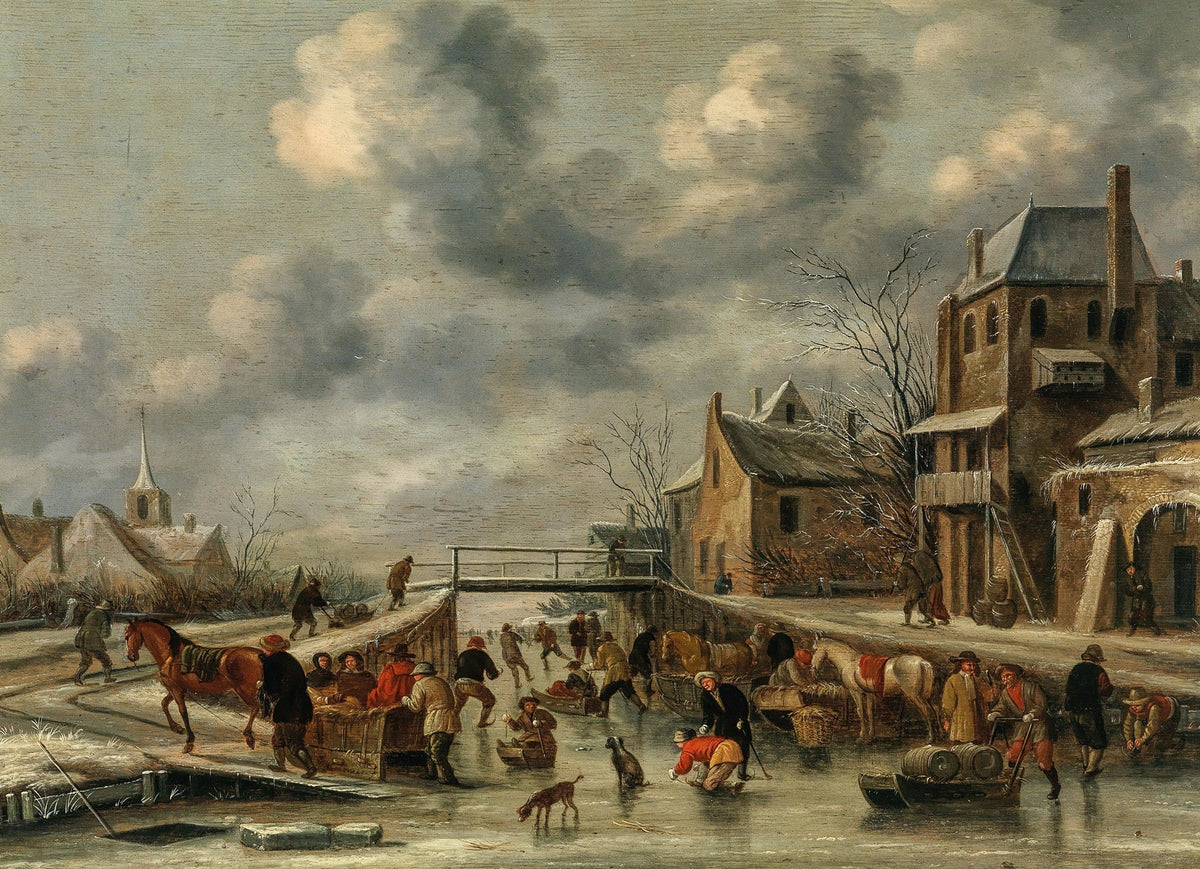 Hand-painted winter canal market village scene landscape oil painting on canvas