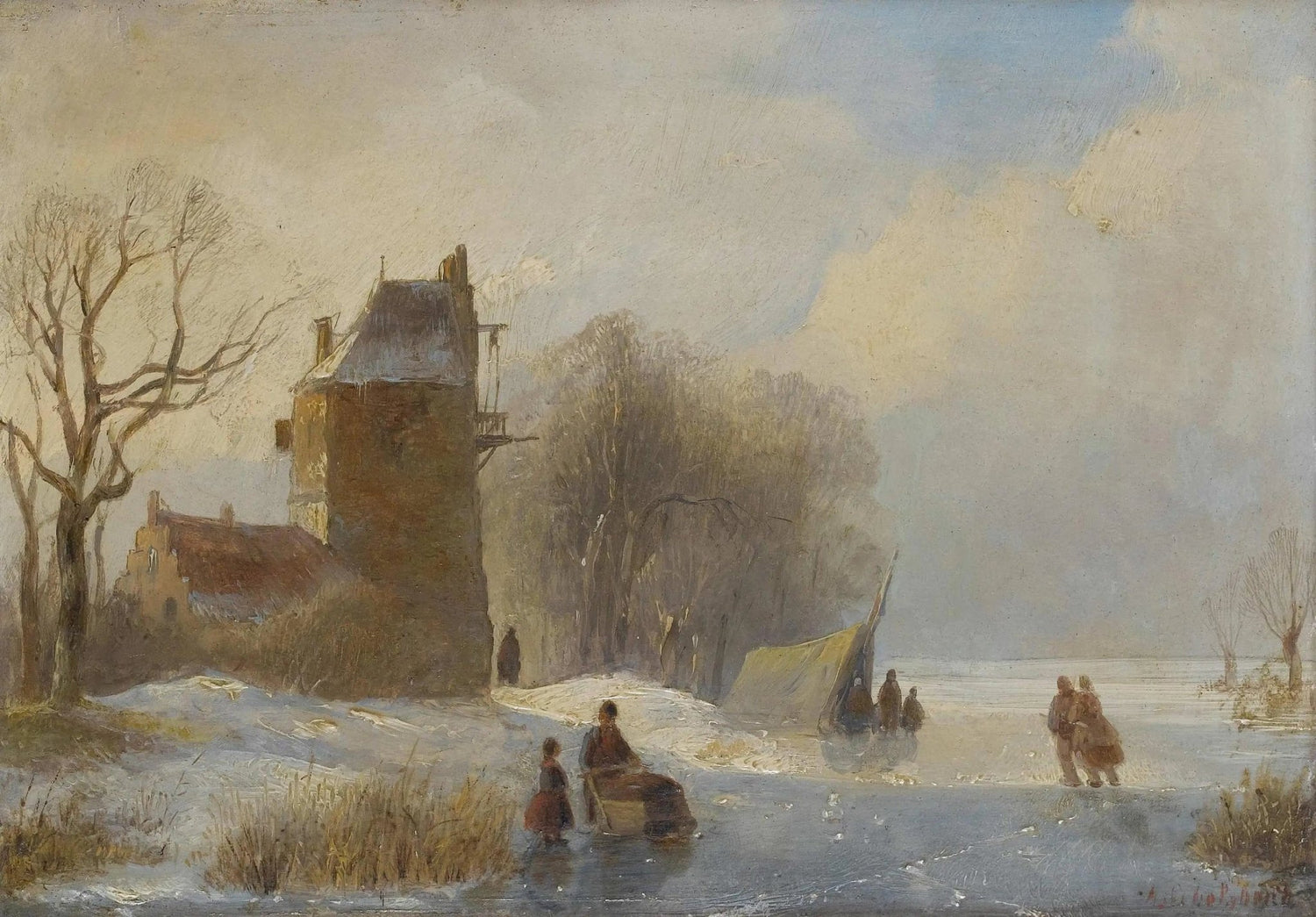 Hand painted landscape oil painting of winter canal with windmill, figures, boats, and textured brushwork on canvas. - Add Frame, Boat, Canal, Canvas, Figure, Hand Painted, Landscape, Made To Order, Oil Painting, Venice, Winter