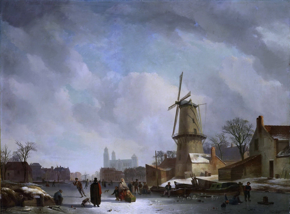 Hand painted oil on canvas landscape oil painting of a winter canal scene with windmill, village houses, and figures under a . - Add Frame, Canal, Canvas, Figure, Hand Painted, Landscape, Made To Order, Oil Painting, Venice, Village, Winter