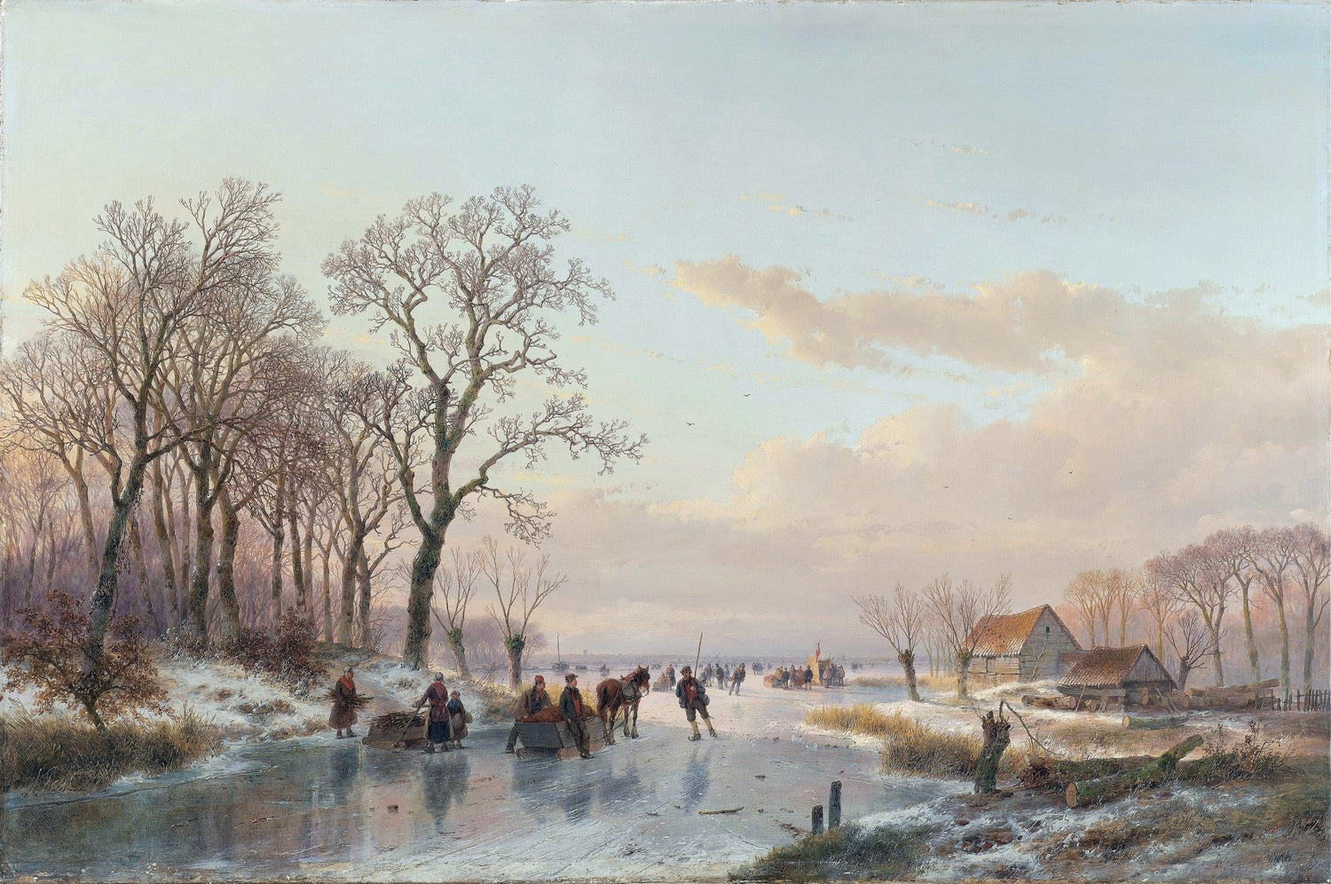 Hand-painted winter canal skaters and village cottages landscape oil painting on canvas