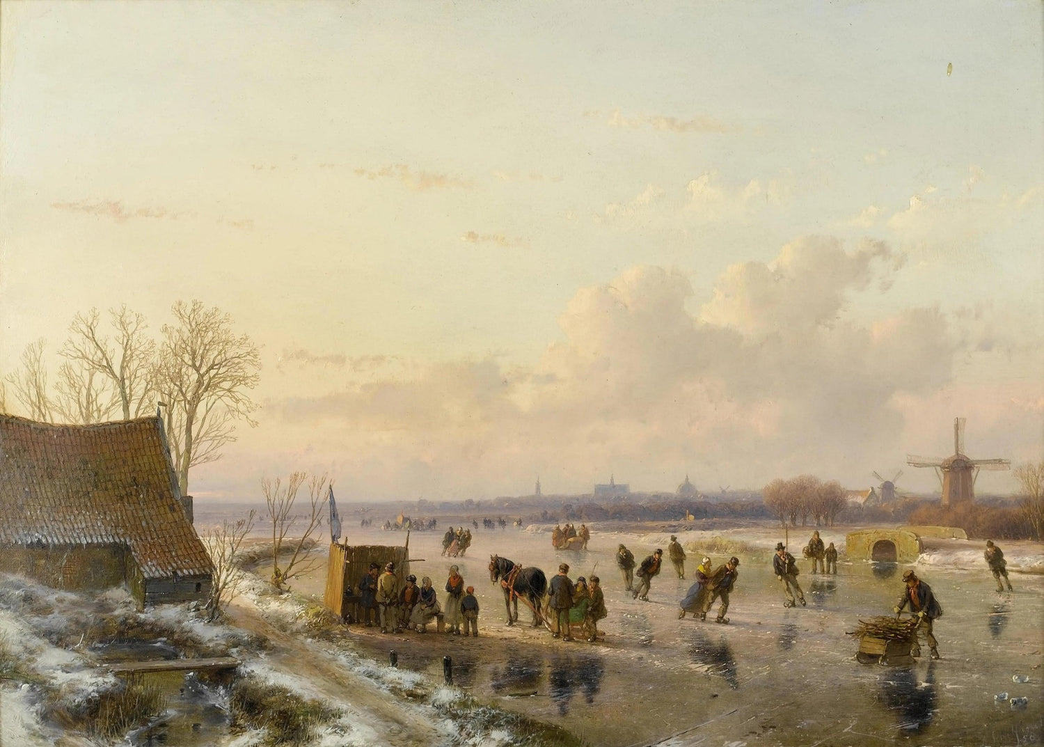 Winter landscape oil painting on canvas featuring skaters on a frozen canal beside a snow-covered cottage, textured. - Add Frame, Canal, Canvas, Cottage, Figure, Hand Painted, Landscape, Made To Order, Oil Painting, Venice, Winter