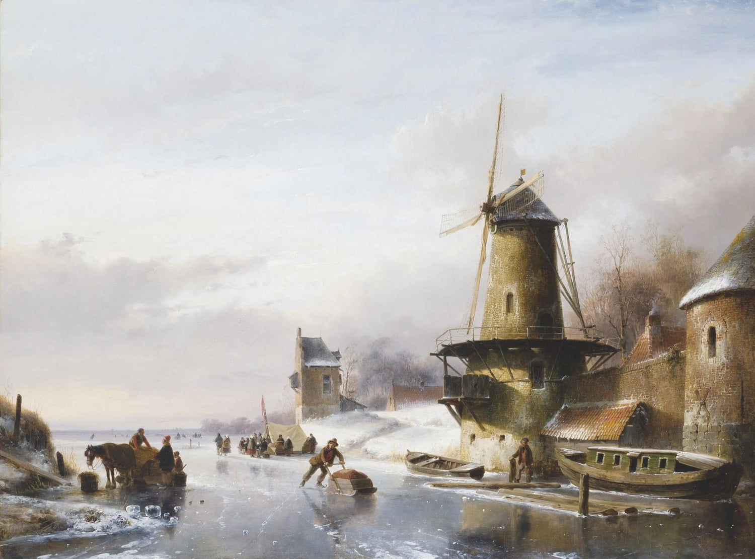 Hand painted landscape oil painting of a winter canal with textured brushwork showing a windmill, boat, and figures on ice. - Add Frame, Boat, Canal, Canvas, Figure, Hand Painted, Landscape, Made To Order, Oil Painting, Venice, Winter
