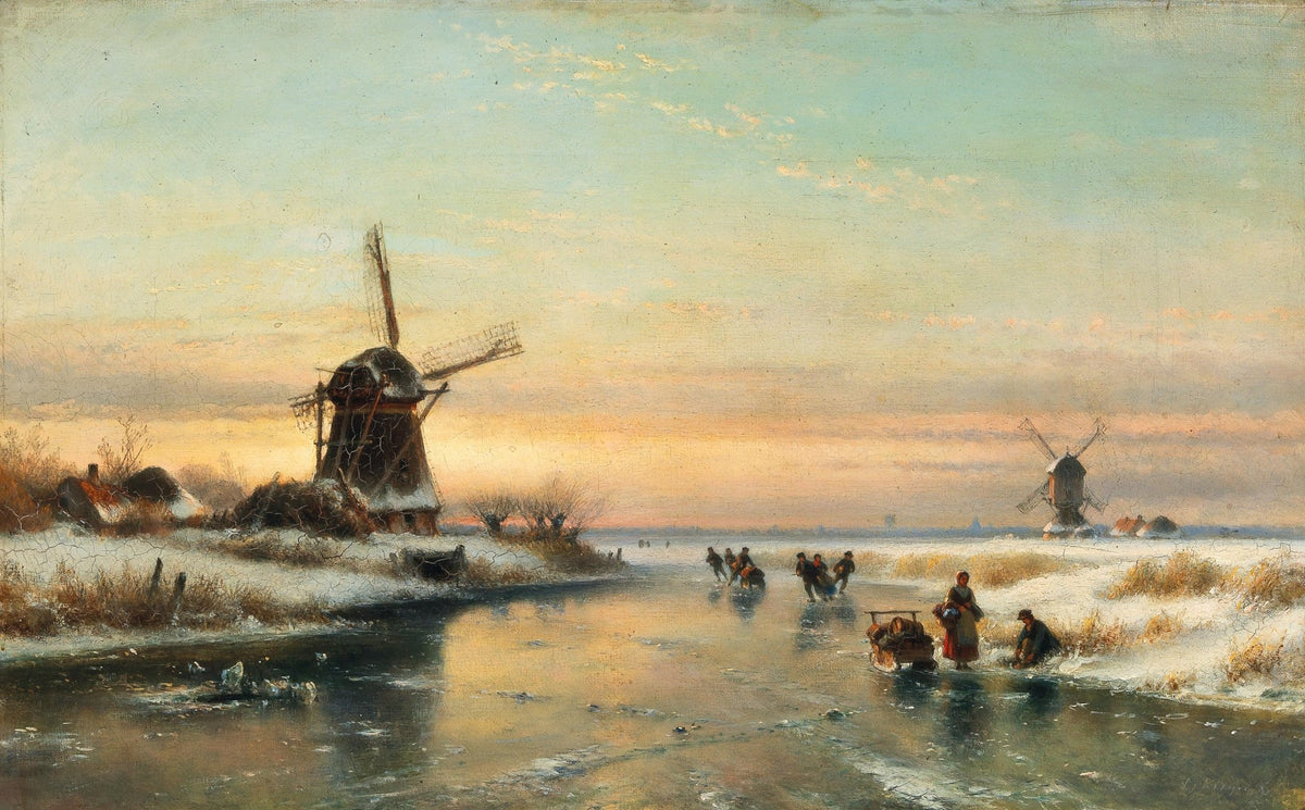 Hand-painted winter canal with windmills at sunset landscape oil painting on canvas