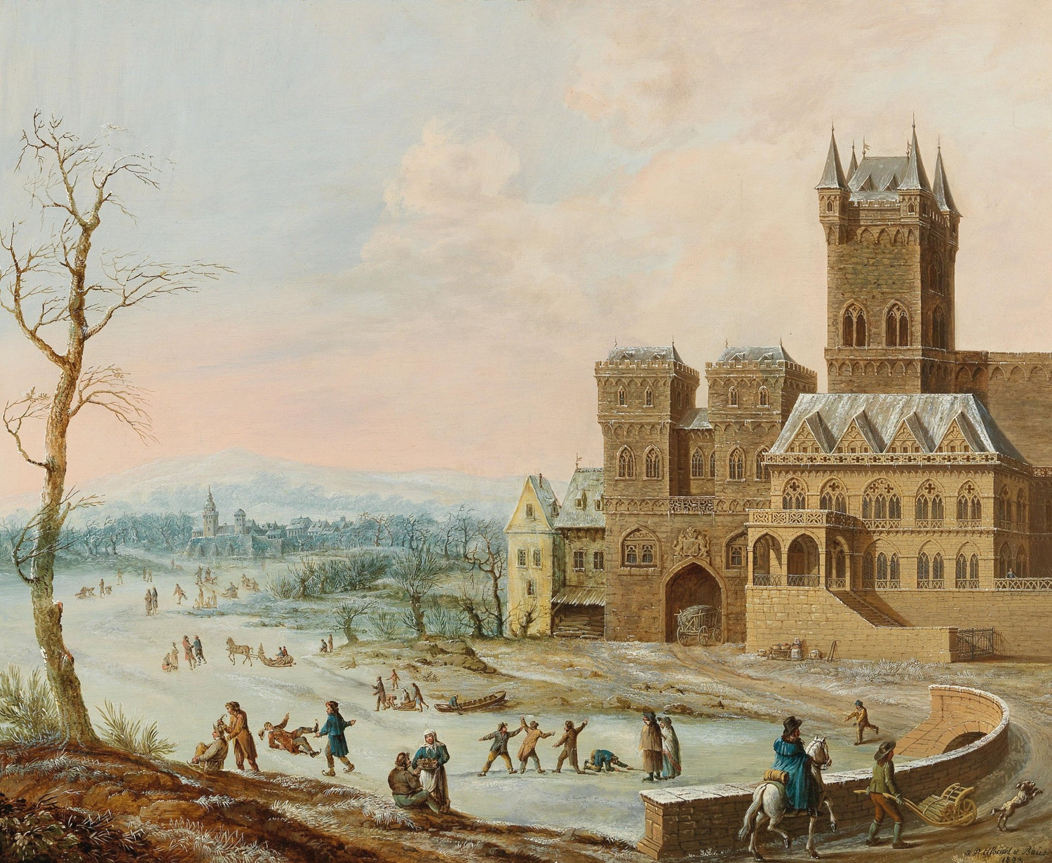Hand-painted winter castle and frozen river landscape oil painting on canvas