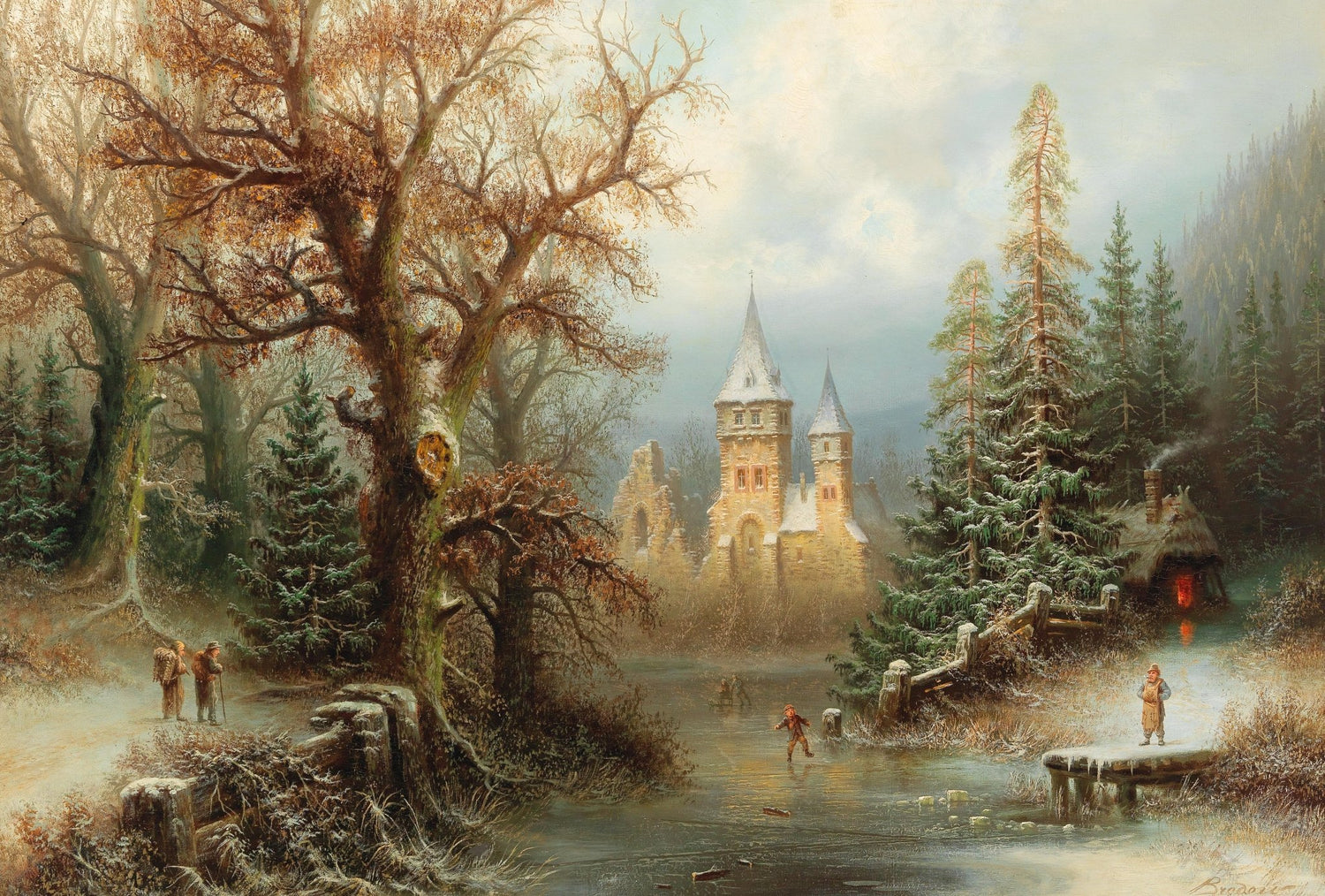 Hand-painted winter castle by a frozen lake landscape oil painting on canvas