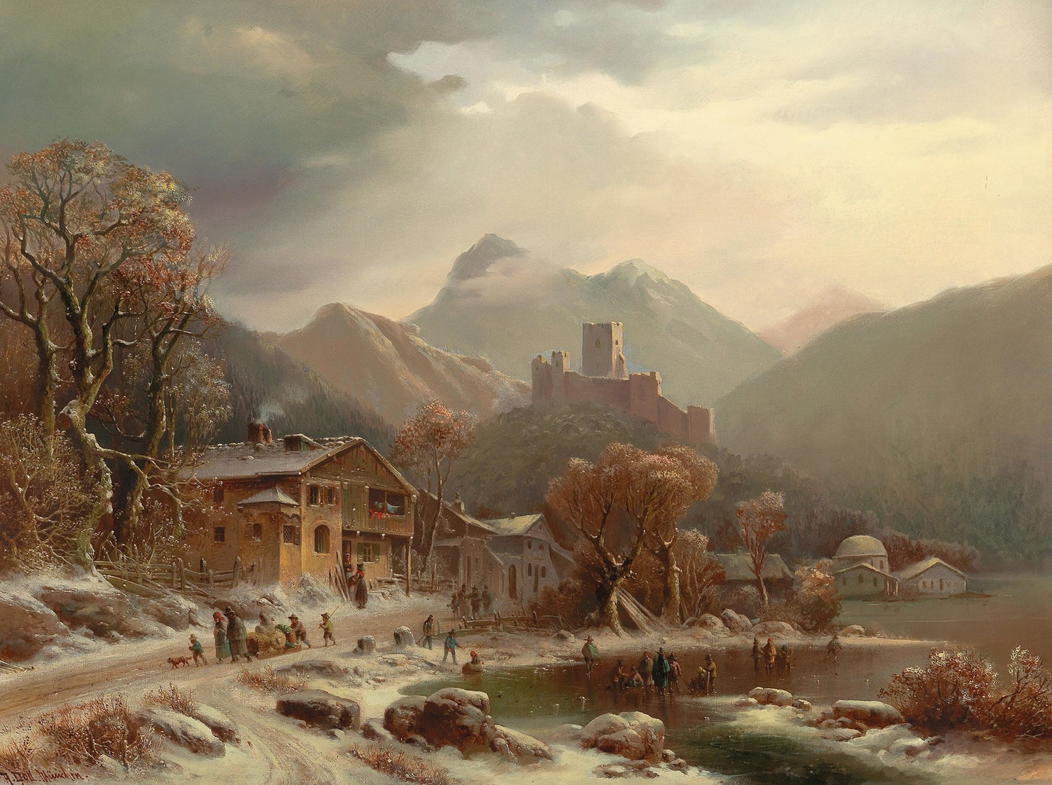 Hand-painted winter castle ruins and mountain village landscape oil painting on canvas