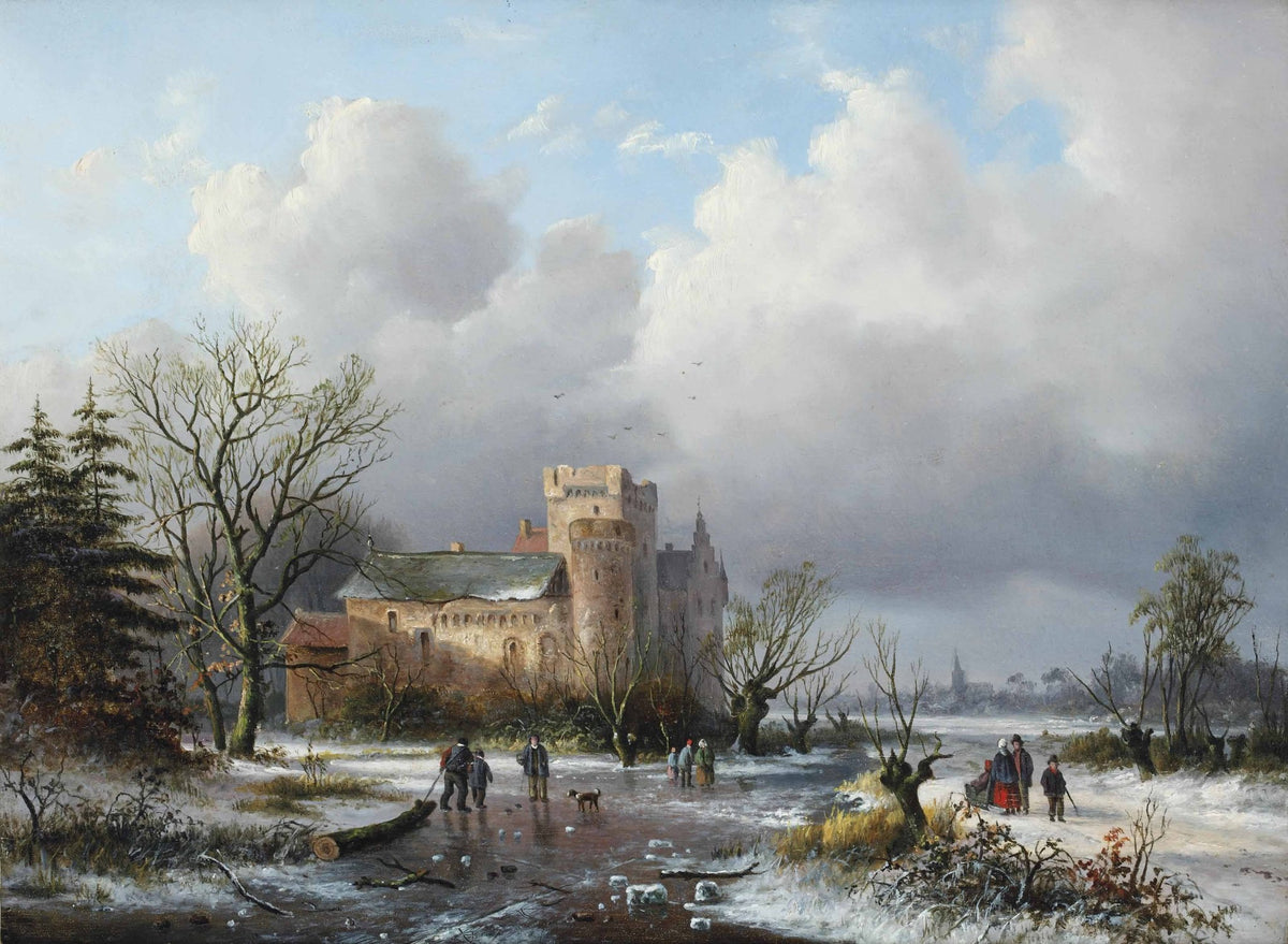 Hand-painted winter castle scene under dramatic sky landscape oil painting on canvas