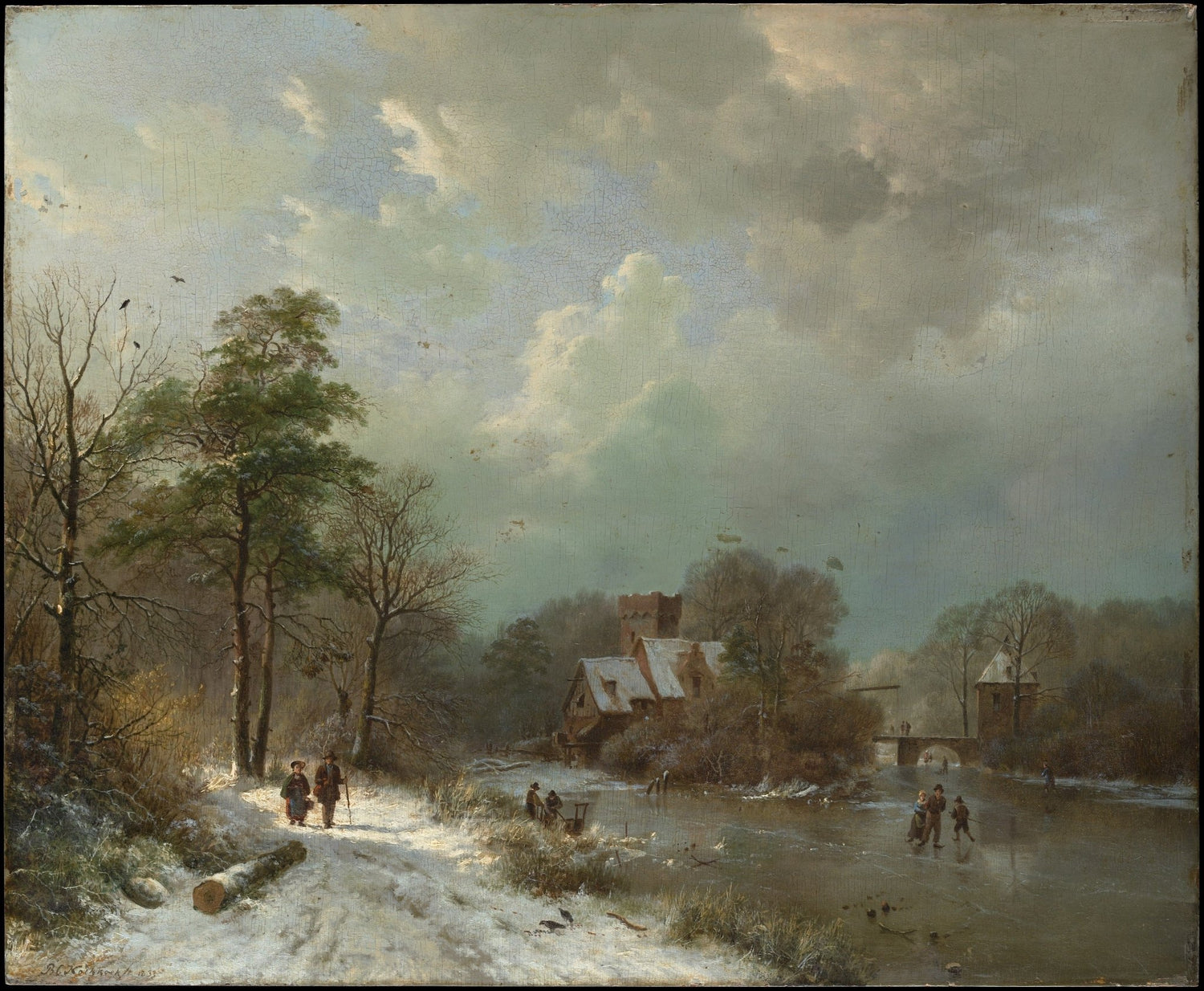 Hand-painted winter castle village by frozen river landscape oil painting on canvas