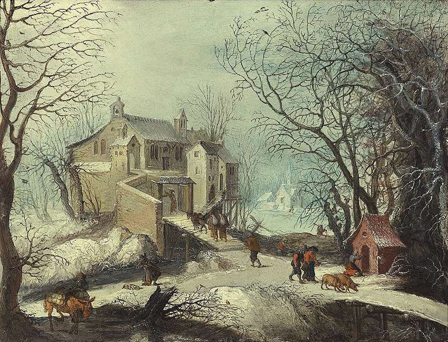 Hand-painted winter church village snow scene landscape oil painting on canvas