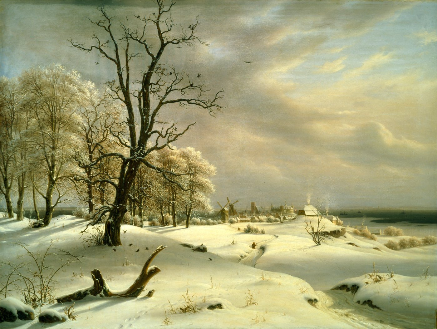 Hand-painted winter coast with old oak and village landscape oil painting on canvas