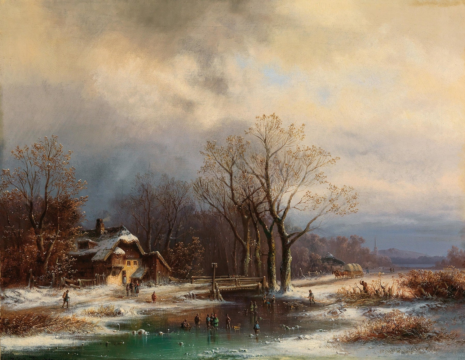 Hand-painted winter cottage and frozen pond view landscape oil painting on canvas