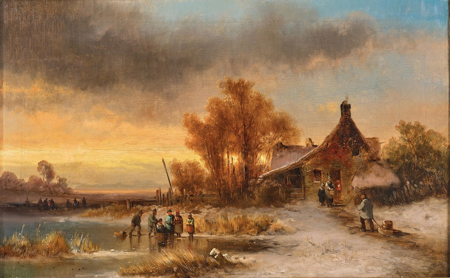 Hand-painted winter cottage by the frozen pond scene landscape oil painting on canvas