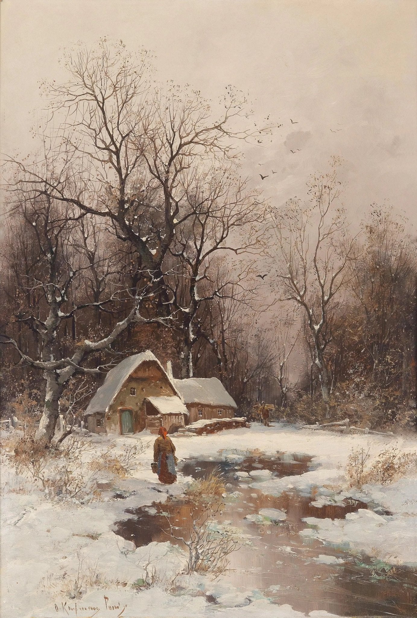 Winter landscape oil painting on canvas featuring a snowy forest with a rustic cottage and a solitary figure near a. - Add Frame, Canvas, Cottage, Figure, Forest, Hand Painted, Landscape, Made To Order, Oil Painting, River, Winter
