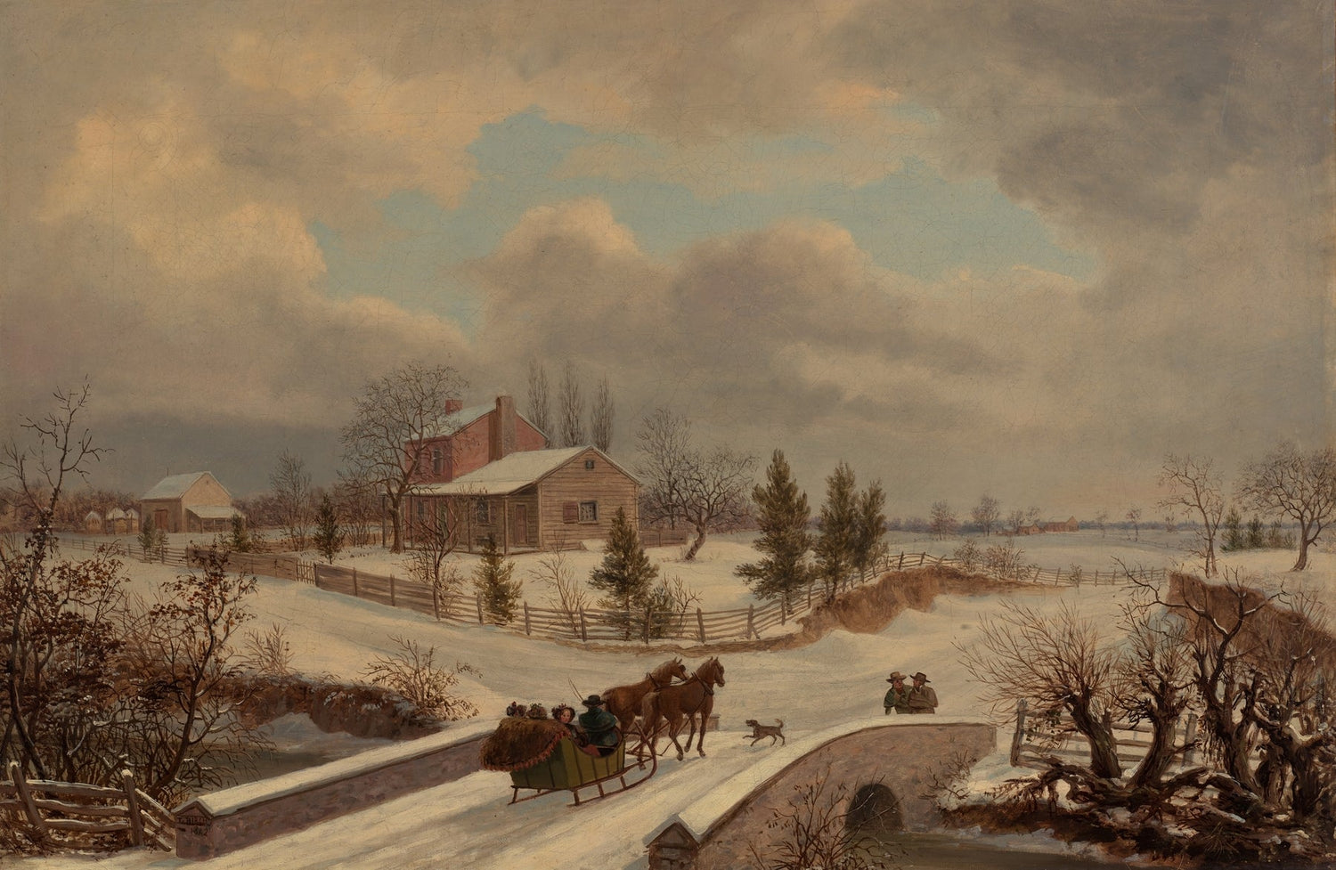 Landscape Oil Painting - winter countryside sled & snow - covered farmhouses - Oil Painting Haven