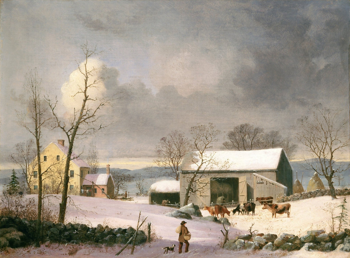 Landscape oil painting of a snowy winter farmhouse with barn, leafless trees, and animals, oil on canvas with textured. - Add Frame, Animal, Canvas, Farm, Hand Painted, Landscape, Made To Order, Oil Painting, Winter