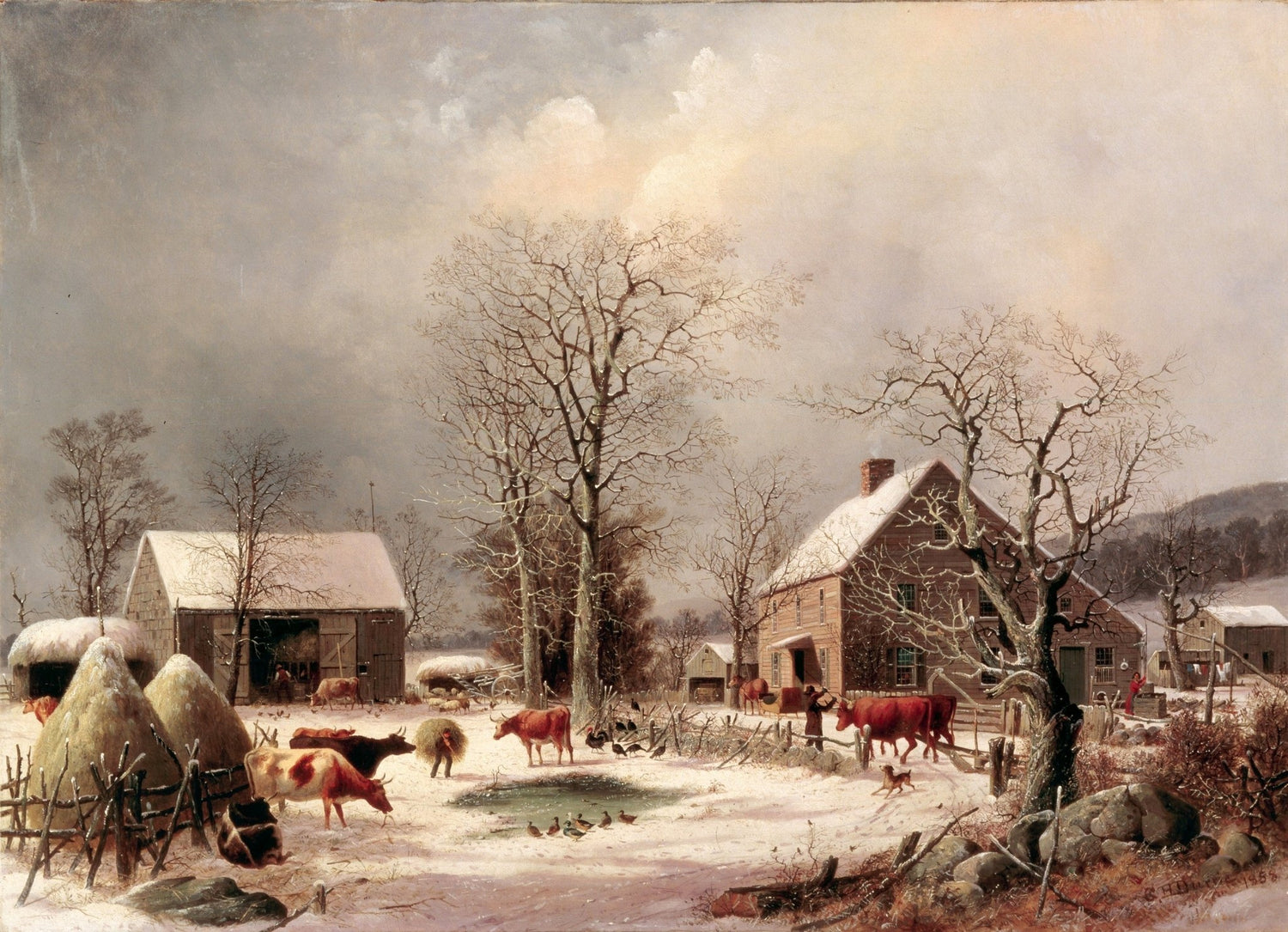 Landscape Oil Painting - Winter Farmstead Scene, Cattle, Barn & Snow - Oil Painting Haven