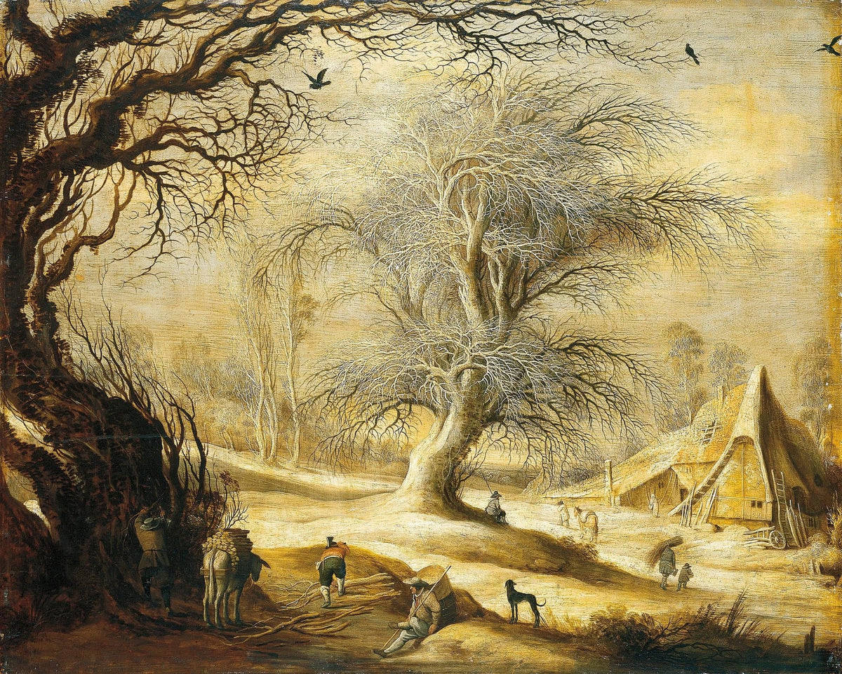 Hand-painted winter farmyard with bare trees landscape oil painting on canvas