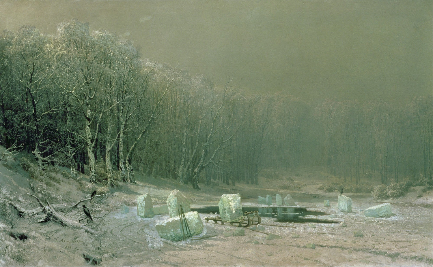 Landscape Oil Painting - Winter Forest Ice Scene, Sled, Stones & Ravens - Oil Painting Haven