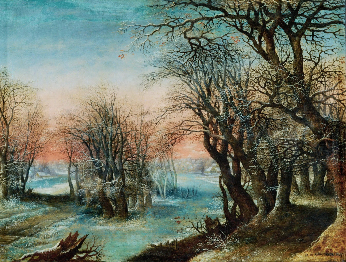 Hand painted landscape oil painting of a winter forest with snow-covered village and textured brushwork on canvas. - Add Frame, Canvas, Forest, Hand Painted, Landscape, Made To Order, Oil Painting, Village, Winter