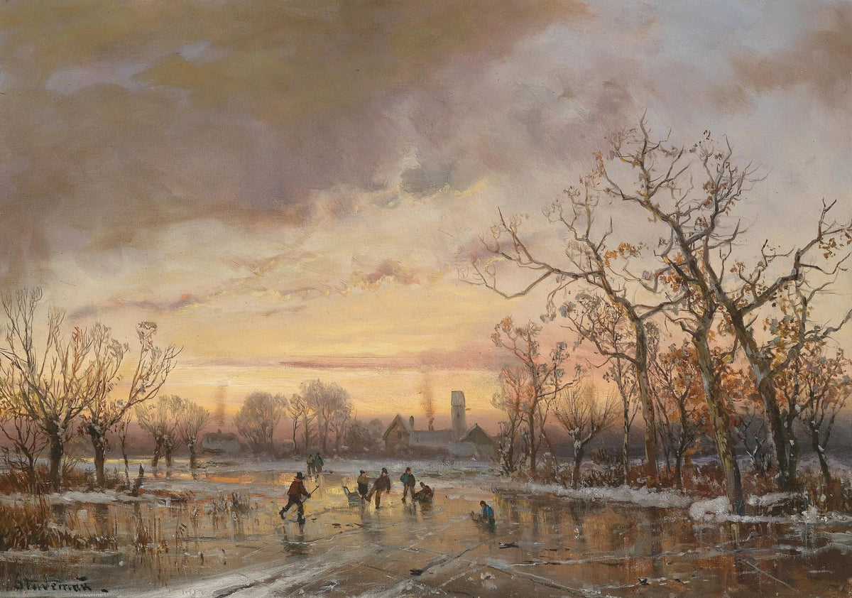 Landscape oil painting of a winter scene with skaters on ice at sunset, hand painted oil on canvas with textured brushwork. - Add Frame, Architecture, Canvas, Figure, Forest, Hand Painted, Landscape, Made To Order, Oil Painting, Sunset, Winter