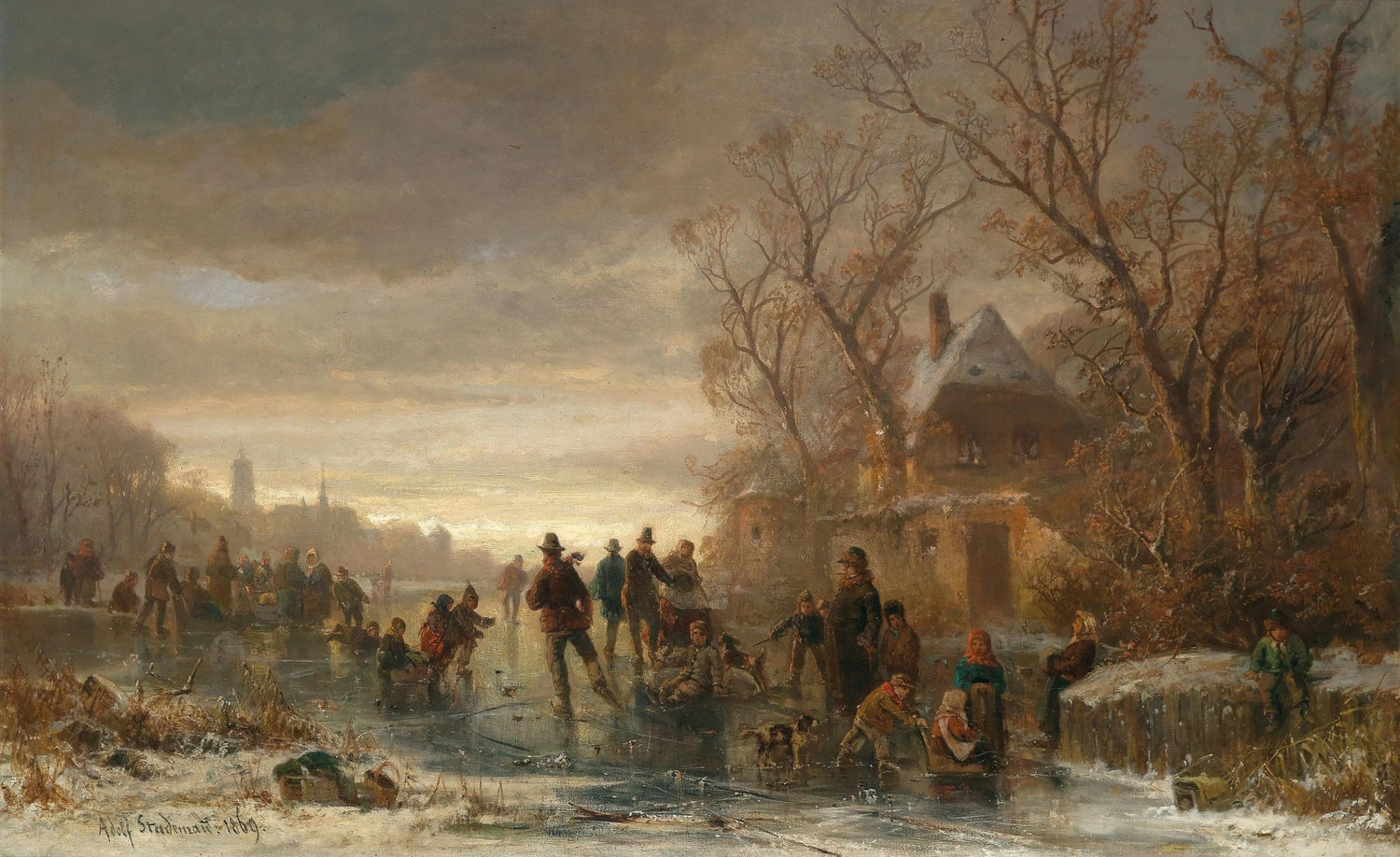 Hand painted landscape oil painting of winter ice skating scene with figures, hut, bare trees, and textured brushwork on. - Add Frame, Canvas, Figure, Forest, Hand Painted, Landscape, Made To Order, Oil Painting, Winter