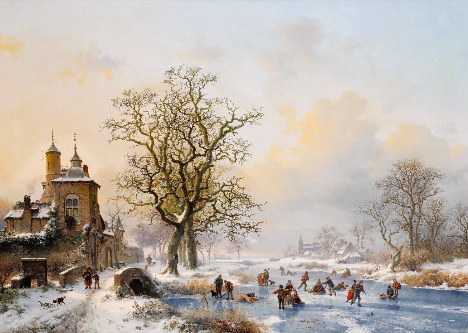 Landscape Oil Painting - Winter Icy River Village, Towered Building - Oil Painting Haven