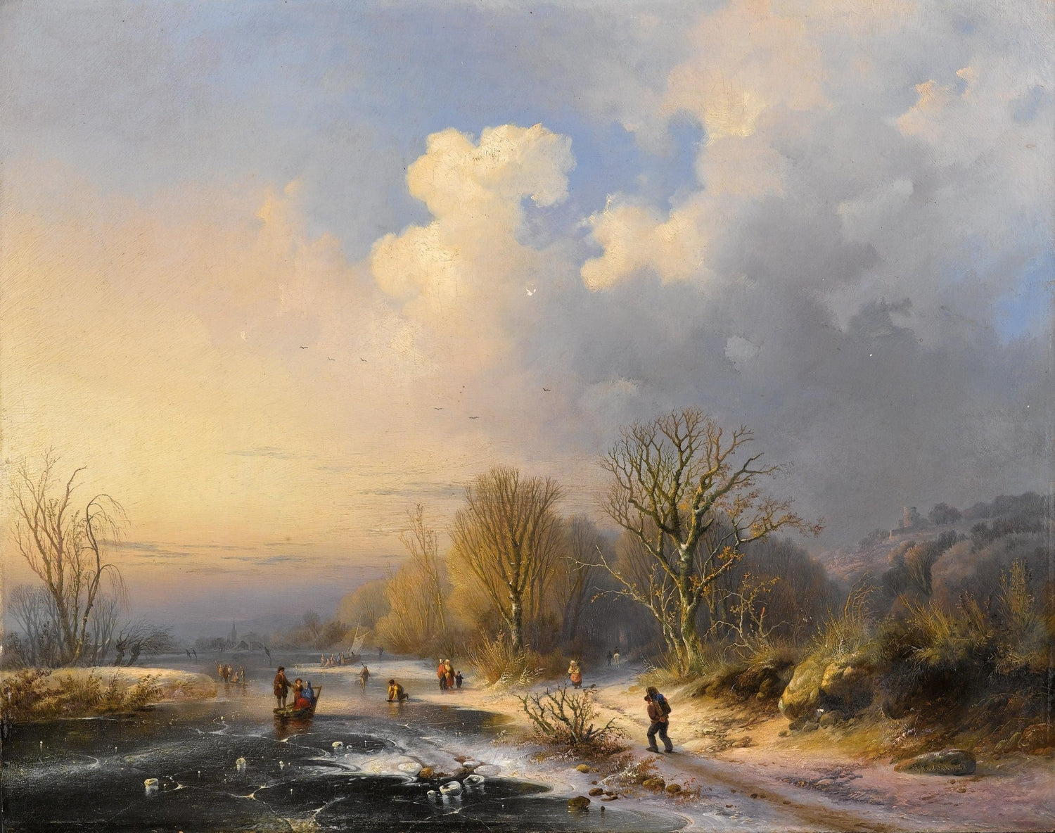 Landscape Oil Painting - Winter river partly frozen waters & sunset skie - Oil Painting Haven
