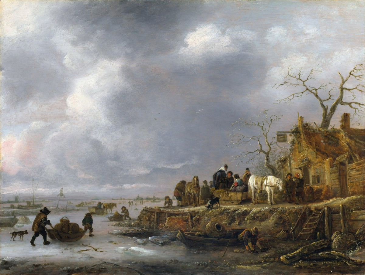 Hand painted landscape oil painting on canvas depicting winter river scene with figures, horses, boats, and cottages under a . - Add Frame, Animal, Boat, Canvas, Cottage, Figure, Hand Painted, Landscape, Made To Order, Oil Painting, River, Winter