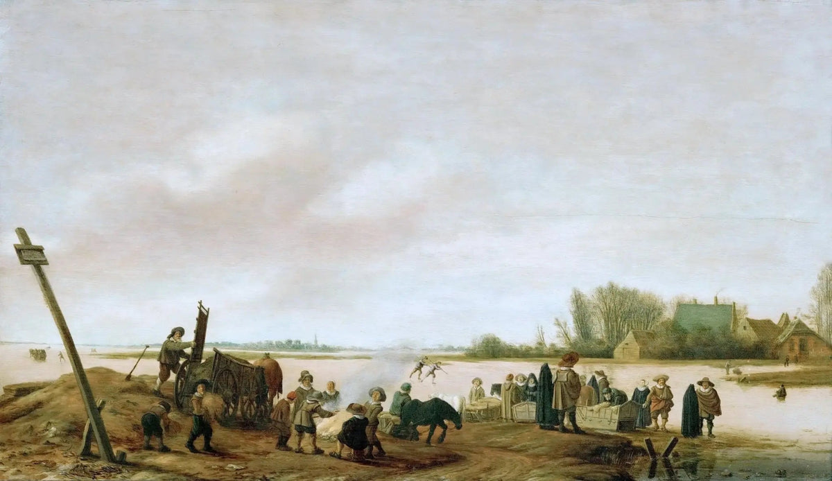 Hand painted oil on canvas landscape oil painting featuring a winter river scene with figures and animals, textured. - Add Frame, Animal, Canvas, Figure, Hand Painted, Landscape, Made To Order, Oil Painting, River, Winter