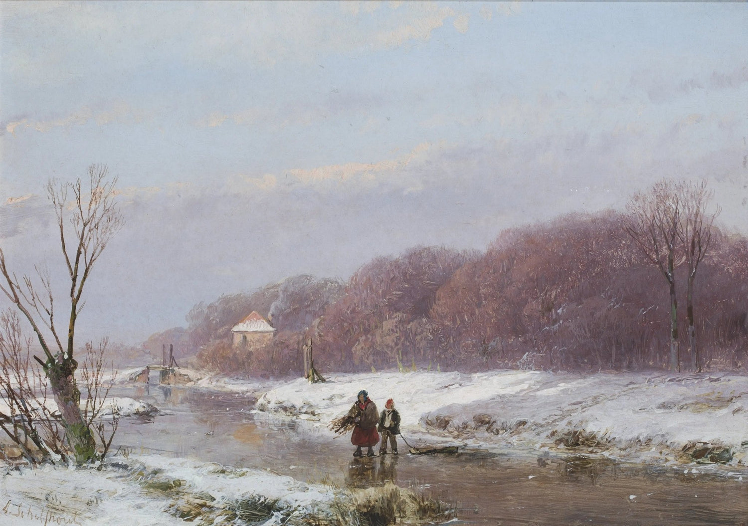 Hand painted landscape oil painting of winter river with two figures walking on snowy bank, oil on canvas with textured. - Add Frame, Canvas, Cottage, Figure, Forest, Hand Painted, Landscape, Made To Order, Oil Painting, River, Winter
