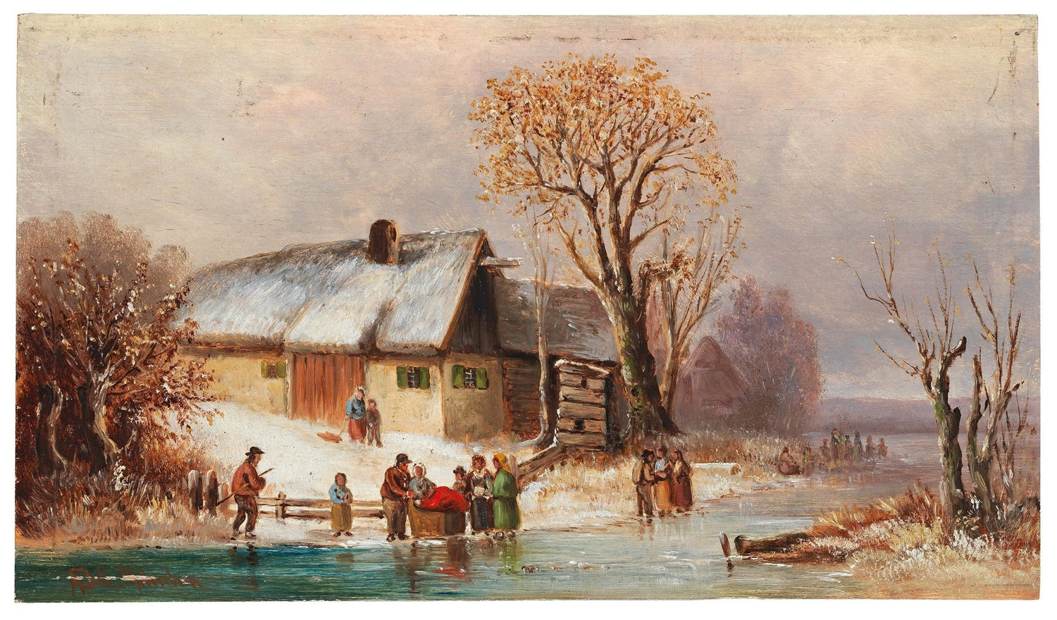 Hand-painted winter riverside cottage with figures landscape oil painting on canvas