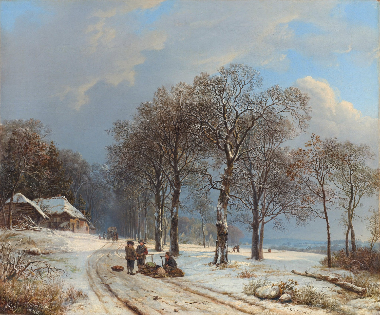 Landscape oil painting of a snowy road winding through bare trees with two figures sitting and standing along the path,. - Add Frame, Canvas, Country, Figure, Forest, Hand Painted, Landscape, Made To Order, Oil Painting, Road, Winter