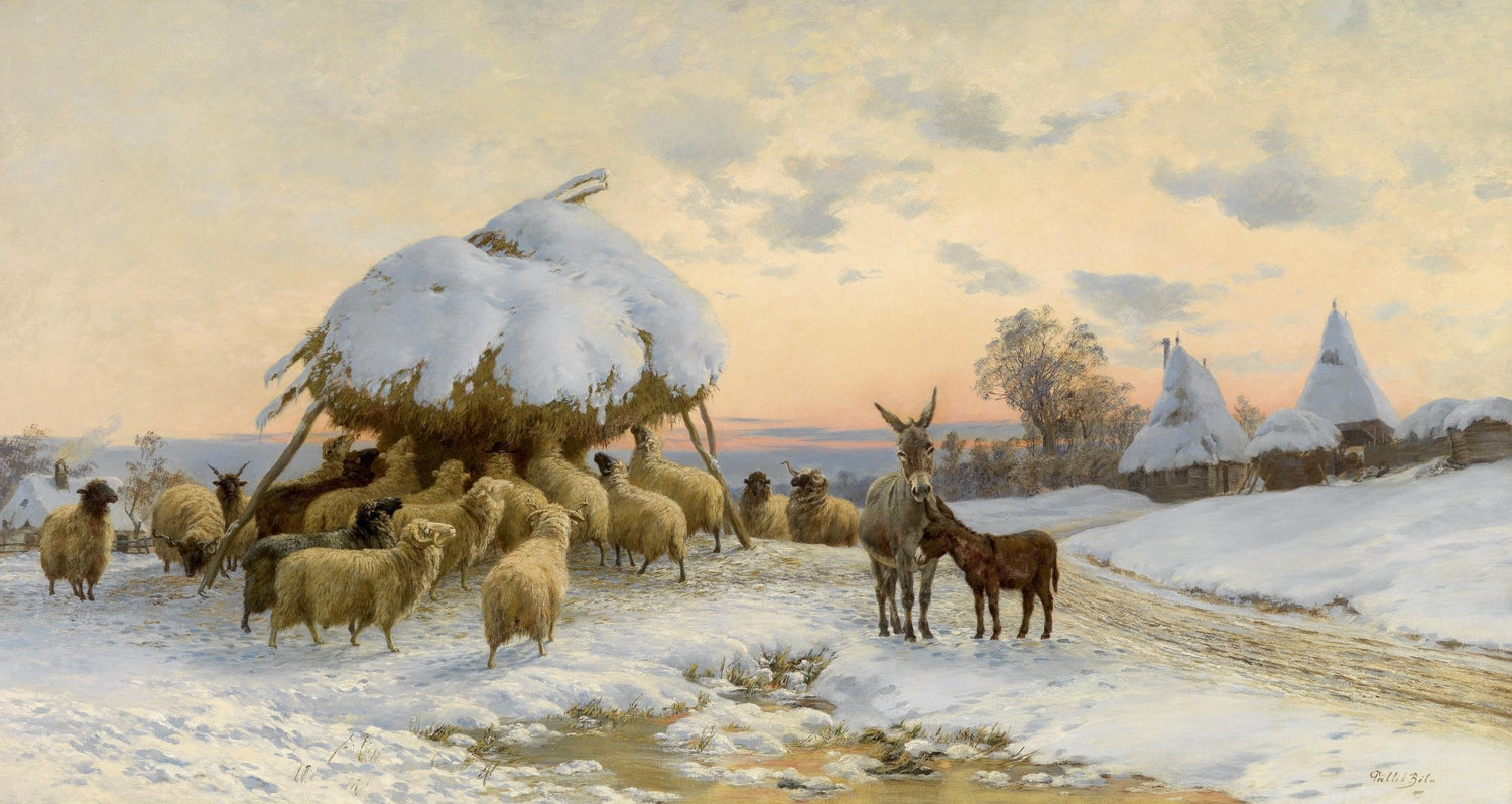Landscape Oil Painting - Winter Rural, Sheep, Donkeys & Snow Cottages - Oil Painting Haven