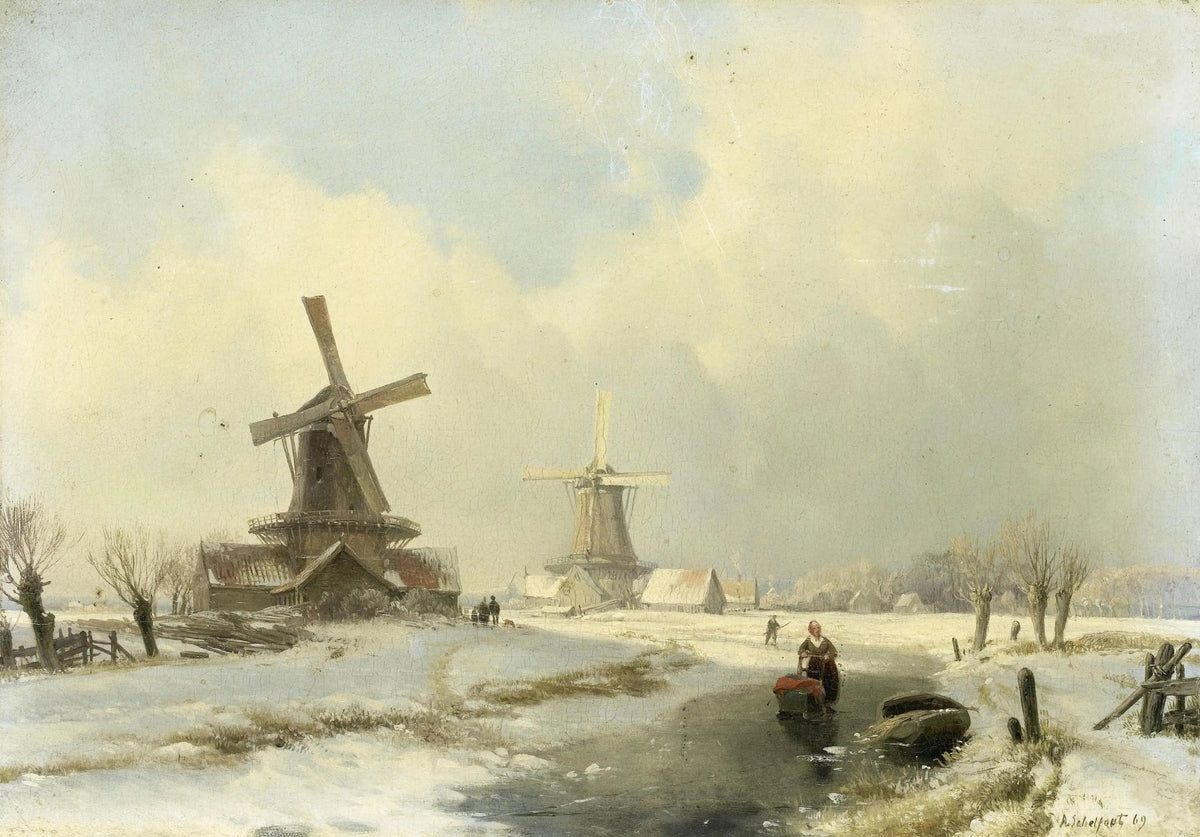 Winter landscape oil painting with two windmills, a figure near a frozen canal, oil on canvas with textured brushwork. - Add Frame, Canal, Canvas, Figure, Hand Painted, Landscape, Made To Order, Oil Painting, Venice, Winter