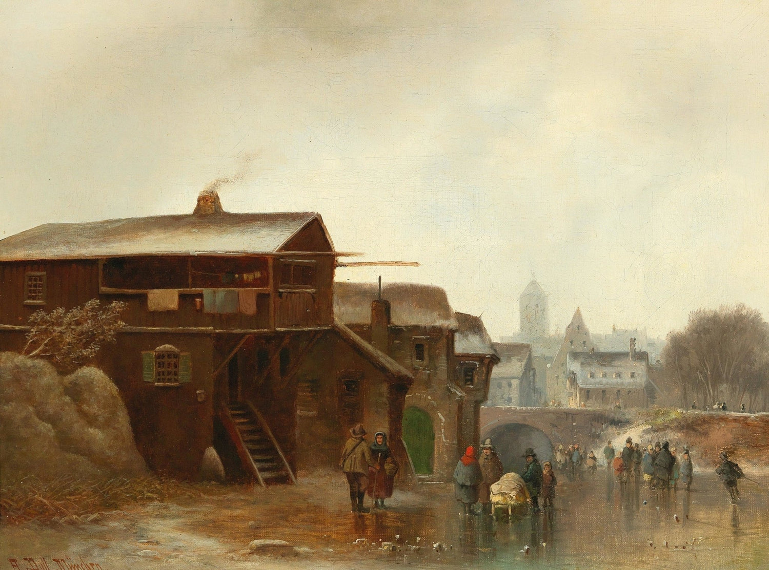 Hand-painted winter skaters by old town bridge landscape oil painting on canvas